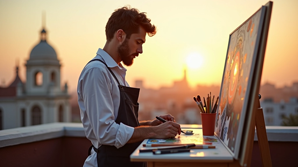 فنان يرسم على سطح استوديو مع إطلالة مفتوحة على الأفق والسماء الزرقاء