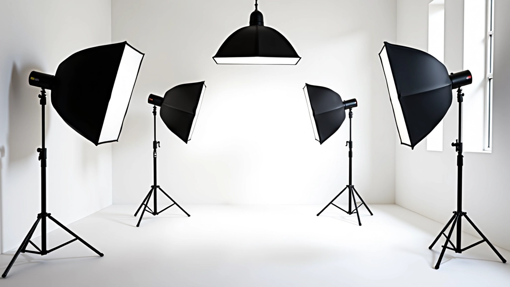 مجموعة متنوعة من معدات الإضاءة الاحترافية: softbox وoctabox وreflectors وحوامل إضاءة في استوديو حديث